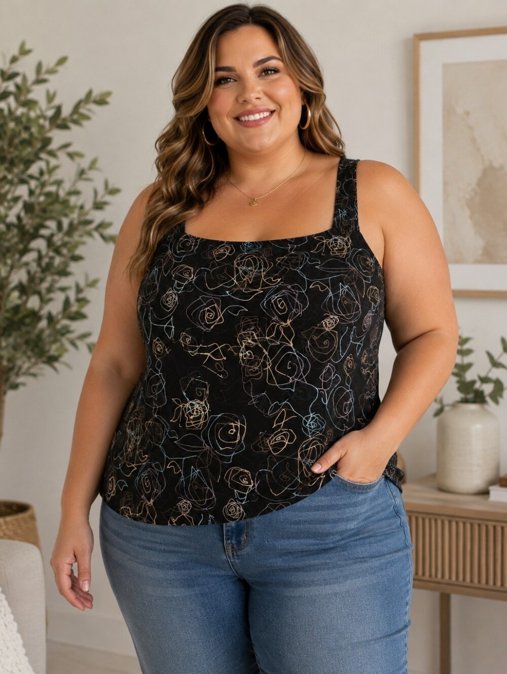 I.E. Woman's 100% Silk Black Floral Print Sleeveless Tank Top Size 1X 42" Bust
